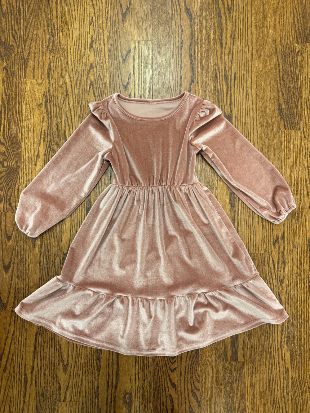 Girls' Velvet Long-Sleeve Ruffle Dress - Dusty Rose